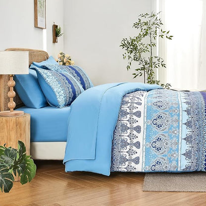 Boho King Size Comforter Set Blue - 7 Pieces Floral Striped Comforter Set with Sheets, Soft Microfiber Bohemian Complete Bedding Sets for All Season (Blue,King)
