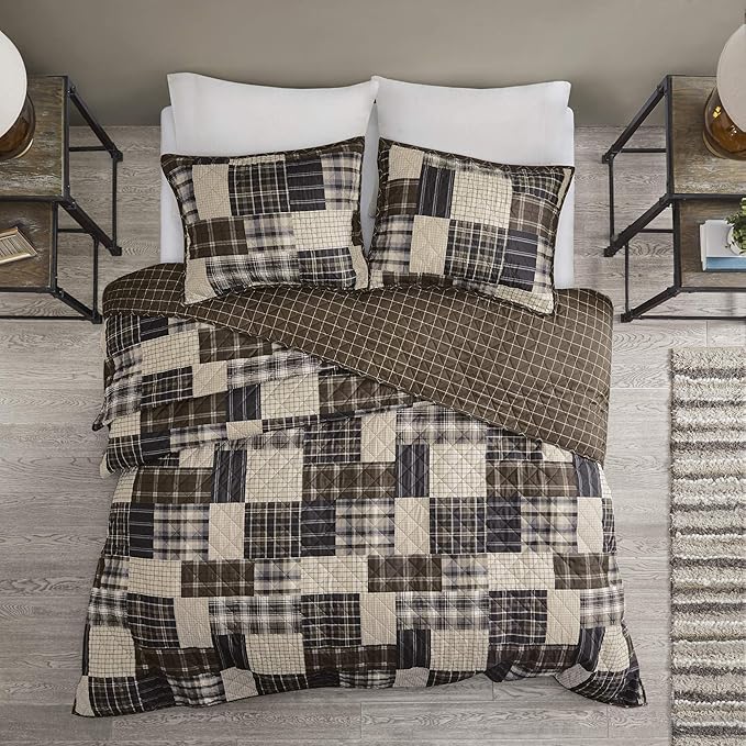 Madison Park Reversible Quilt Cabin Lifestyle Plaid Design - All Season, Breathable Coverlet Bedspread Bedding Set, Matching Shams, Timber Black/Brown Full/Queen(90"x90") 3 Piece