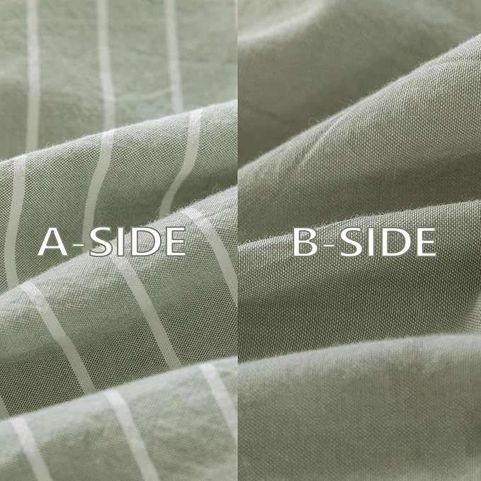 Reversible Duvet Cover Set 100% Washed Cotton Green Stripe Linen Feel Duvet Cover Super Queen Size with Zipper Closure & 2 Pillow Shams, Celadon Green/White Stripe Reverse Solid Celadon Green