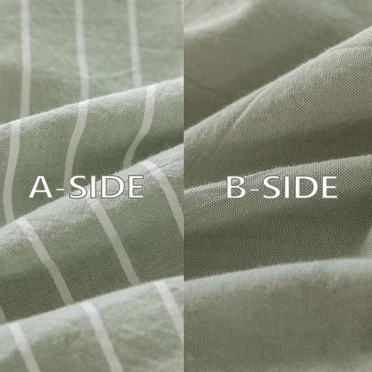 Reversible Duvet Cover Set 100% Washed Cotton Green Stripe Linen Feel Duvet Cover Oversized Queen Size with Zipper Closure & 2 Pillow Shams, Celadon Green/White Stripe Reverse Solid Green
