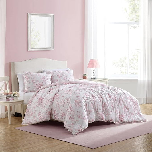 Laura Ashley - Twin Comforter Set, Reversible Cotton Bedding for Year Round Use, 2 Piece Coquette Bed Set with Matching Pillowcase (Delphine Mauve Pink)