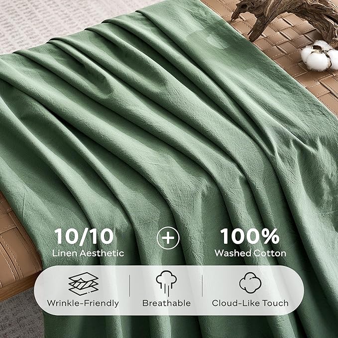 JELLYMONI 100% Washed Cotton Duvet Cover Queen – Soft, Breathable Linen-Look Bedding with Natural Wrinkle Texture, Button Closure, 3-Piece Set (Dusty Green, 90"x90")
