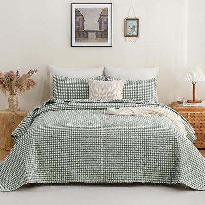 TOCOMOA Green Brown Gingham Quilt Bedding Set 100% Washed Cotton Bedspread Coverlet Like Linen Feel Soft Comfy Breathable 3 Pcs Plaid Checkered Lightweight Comforter Set for All Season, Queen 96"x90"