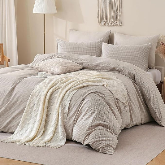 TOCOMOA Mini Gingham Tan Duvet Cover Bedding Set 100% Washed Cotton Like Linen Feel Super Soft Comfy 3 Piece Brown Small Plaid Checkered Comforter Cover Set (King 104"x90", Comforter Not Included)
