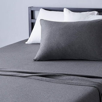 Amazon Basics Breathable, Stretchy 3 Piece Bed Sheet Set, 100% Cotton Jersey Knit, Includes Flat and Fitted Sheets, Pillowcase, Machine Washable, Twin, Dark Gray, Solid
