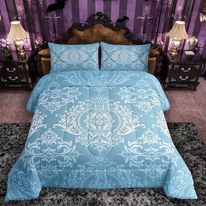 Feelyou Adults Blue Vintage Damask Floral Comforter Set Oriental Antique Comforter Full Size Gothic Bohemia Boho Floral Bedding Set Bohemian Exotic Duvet Set Quilt Set 3Pcs