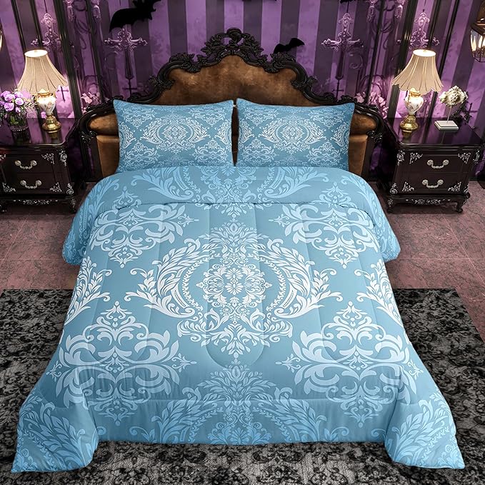 Feelyou Adults Blue Vintage Damask Floral Comforter Set Oriental Antique Comforter Twin Size Gothic Bohemia Boho Floral Bedding Set Bohemian Exotic Duvet Set Quilt Set 2Pcs