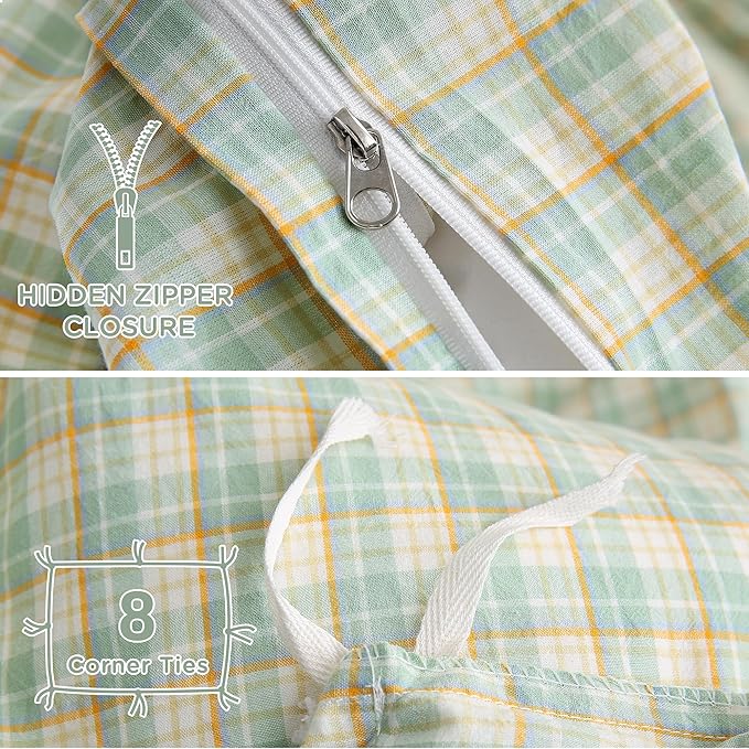 TOCOMOA Plaid Duvet Cover Set 100% Washed Cotton Like Linen Feel Super Soft Comfy 3 Piece Green and Yellow Gingham Checkered Bedding Comforter Cover Set (King 104"x90", Comforter Not Included)