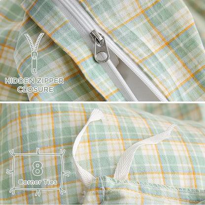 TOCOMOA Plaid Duvet Cover Set 100% Washed Cotton Like Linen Feel Super Soft Comfy 3 Piece Green and Yellow Gingham Checkered Bedding Comforter Cover Set (King 104"x90", Comforter Not Included)