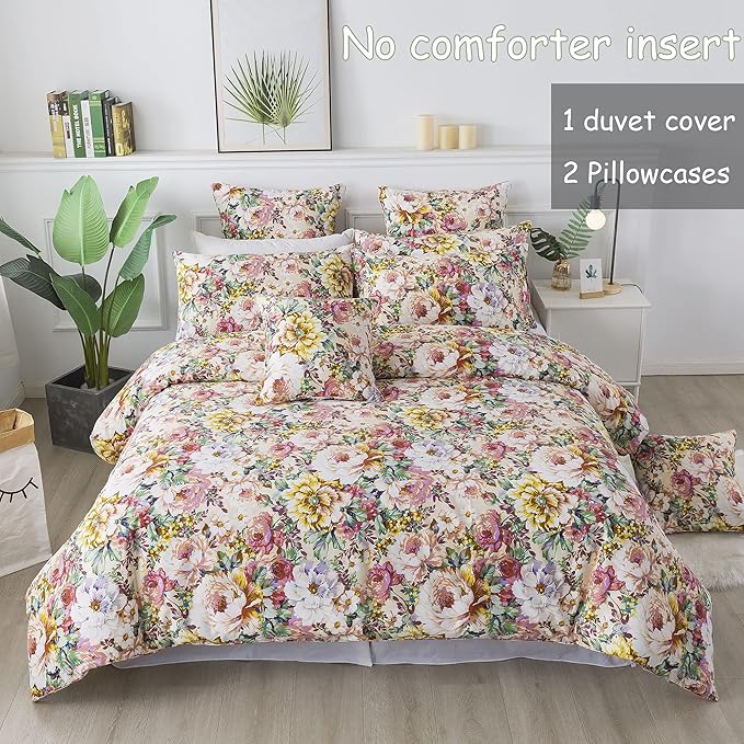 FADFAY Garden Floral Bedding Set Queen 100% Cotton 600 TC Shabby Vintage Duvet Cover Salmon Pink Large Flower Cottagecore Bedding Romantic Peony Zipper Corner Ties 3 Pcs- No Filling