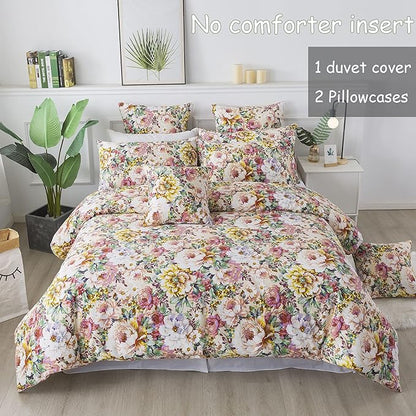 FADFAY Garden Floral Bedding Set Queen 100% Cotton 600 TC Shabby Vintage Duvet Cover Salmon Pink Large Flower Cottagecore Bedding Romantic Peony Zipper Corner Ties 3 Pcs- No Filling