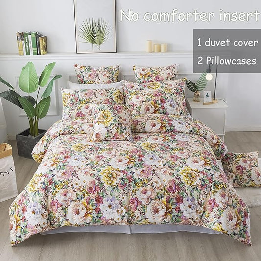 FADFAY Garden Floral Bedding Set Queen 100% Cotton 600 TC Shabby Vintage Duvet Cover Salmon Pink Large Flower Cottagecore Bedding Romantic Peony Zipper Corner Ties 3 Pcs- No Filling