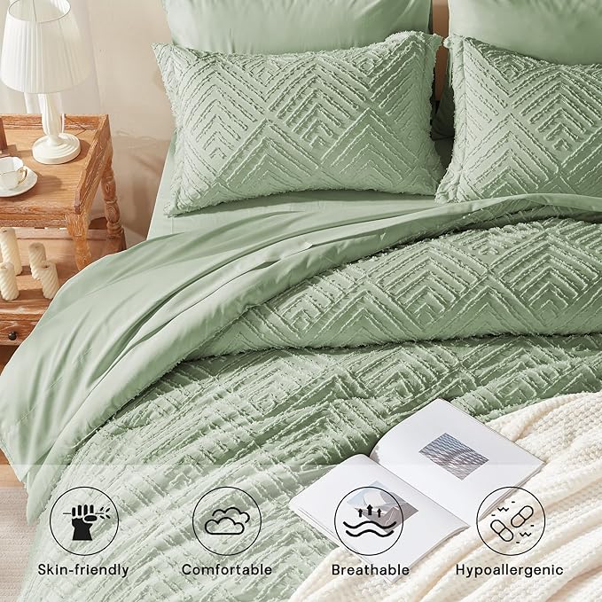 Zzlpp King Comforter Set 7 Pieces, Sage Green Tufted Bed in a Bag with Comforter and Sheets, All Season Boho Bedding Sets with 1 Comforter, 2 Pillow Shams, 2 Pillowcases, 1 Flat Sheet, 1 Fitted Sheet