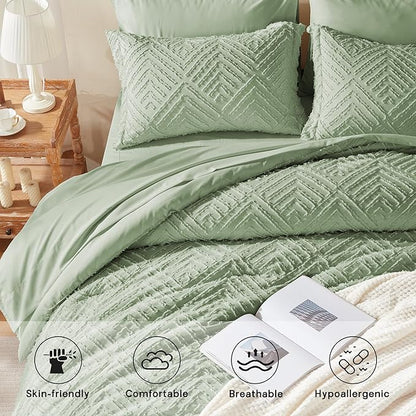 Zzlpp King Comforter Set 7 Pieces, Sage Green Tufted Bed in a Bag with Comforter and Sheets, All Season Boho Bedding Sets with 1 Comforter, 2 Pillow Shams, 2 Pillowcases, 1 Flat Sheet, 1 Fitted Sheet