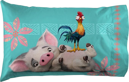 Jay Franco Disney Moana Friends 1 Pack Pillowcase - Double-Sided Kids Super Soft Bedding - Features Moana, HEI HEI & Pua (Official Disney Product)