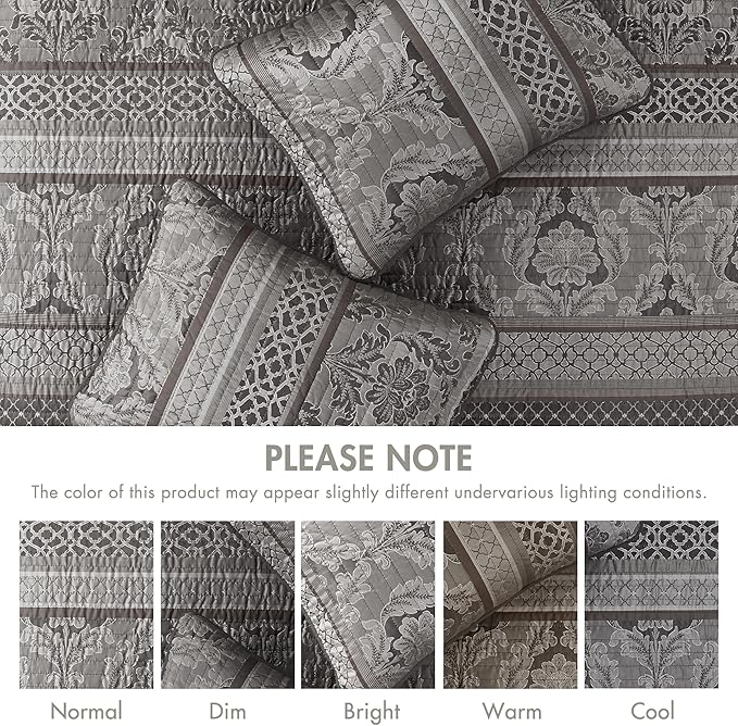 Madison Park Traditional Damask Design All Season, Lightweight Coverlet Bedspread Bedding Set, Matching Shams, Pillows, (102"x118"), Bellagio, Jacquard Grey, 5 Piece