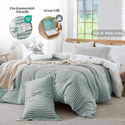 MILDLY Green Striped Duvet Cover - 100% Washed Cotton Jacquard Textured Comforter Cover with Dual Zipper Closure & 8 Coner Ties