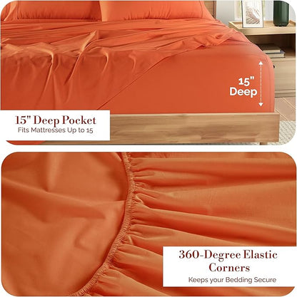 Casa Platino 100% Cotton Sheets Twin – Breathable Crisp Percale Twin Mattress Sheets with 2 Pillowcases, 15" Deep Pocket Fitted Sheet, Ultra Soft & Cozy Feel for Great Nights Sleep – Rust