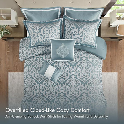 Madison Park Odette Cozy Comforter Set Jacquard Damask Medallion Design - Modern All Season, Down Alternative Bedding, Shams, Decorative Pillows, Queen(90 in x 90 in), Aqua