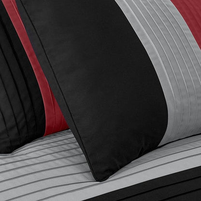 Chezmoi Collection Loft 8-Piece Luxury Striped Comforter Set (California King, Red/Black/Gray)