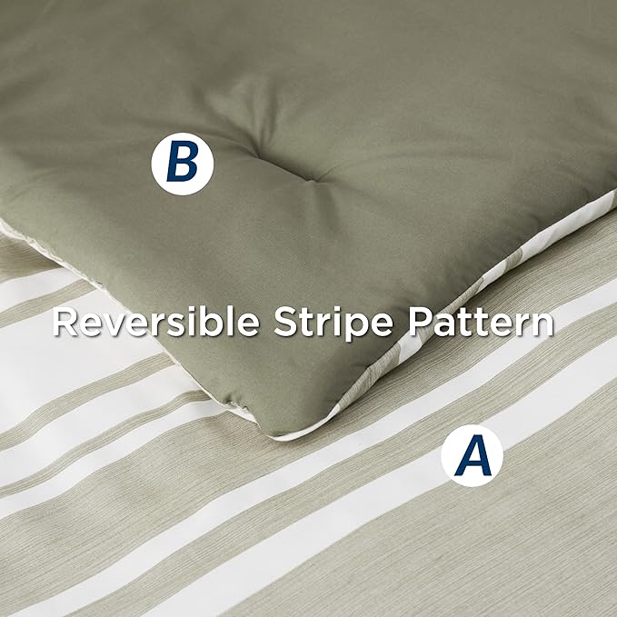 Bedsure Queen Comforter Set 7 Pieces, Olive Green Striped Bedding Set for All Seasons, Reversible, Cationic Dyeing Bed in a Bag with Comforter, Sheets, Pillowcases & Shams
