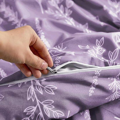 MUXHOMO Duvet Cover King Size, Reversible Floral Grayish Purple Duvet Cover Set with Zipper Closure, 3 Pieces Botanical Patterns Soft Microfiber Bedding Set with 4 Ties (90"x104", 2 Pillow Cases)