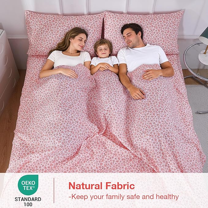 Softan Pink Floral Twin Sheet Set, 3-Piece Cozy Microfiber Leopard Printed Fitted Bed Sheet with 15" Deep Pockets & Non-Slip Straps, Kids Girls Cute Patterned Sheets & Pillowcase Set
