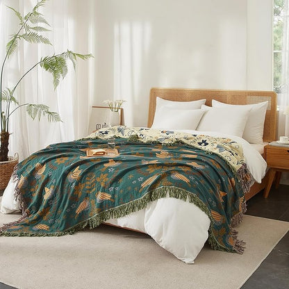 Boho Throw Blanket for Bed 80”x90”, 100% Cotton Woven Blanket for Couch Sofa, Ultra Soft 4-Layer Muslin Quilt with Bird Floral Printed, Farmhouse Bed Blanket/Cover for Living Room Decor