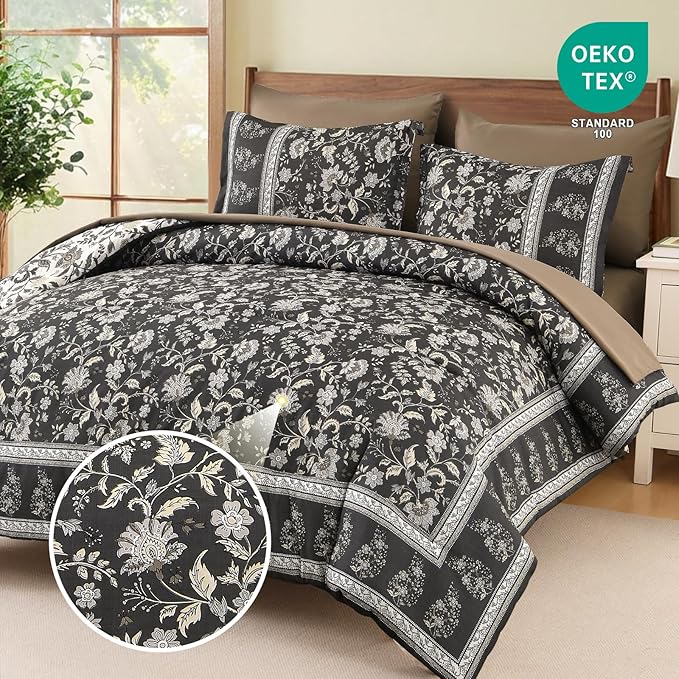 Dinjoy Comforter Set King Size Boho, Reversible Brown Gray Bedding Paisley Floral 7 Piece Bed in a Bag Soft Lightweight Bohemain Comforters with Sheet Sets for All Season