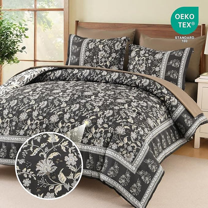 Dinjoy Comforter Set King Size Boho, Reversible Brown Gray Bedding Paisley Floral 7 Piece Bed in a Bag Soft Lightweight Bohemain Comforters with Sheet Sets for All Season