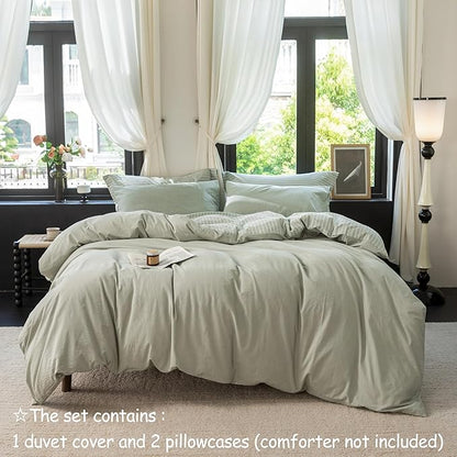 Reversible Duvet Cover Set 100% Washed Cotton Green Stripe Linen Feel Duvet Cover Super Queen Size with Zipper Closure & 2 Pillow Shams, Celadon Green/White Stripe Reverse Solid Celadon Green
