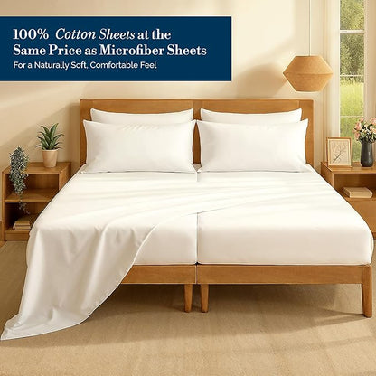 Casa Platino Split King Sheets Set –100% Cotton Split King Sheets with 4 Pillowcases, Lightweight Feel & Secure Fit, Crisp & Breathable Percale Weave with 15" Deep Pocket, Soft and Cozy – Pure White