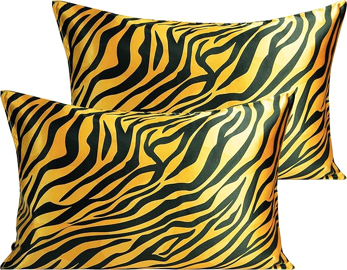 NTBAY 2 Pack Satin Queen Pillowcases for Hair and Skin, Luxurious and Silky Zebra Printed Pillow Cases with Envelope Closure, 20x30 Inches, Yellow and Black