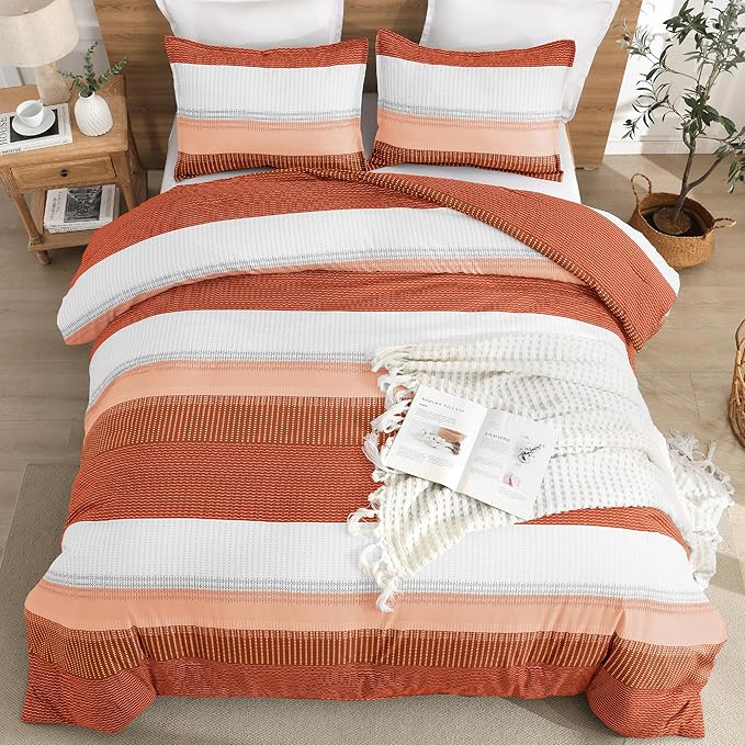 Litanika Burnt Orange Comforter Sets for Queen Bed, 3 Pieces Boho Terracotta Stripe Colorblock Bedding Comforter Set, Rust Fluffy Bed Set (90x90In Comforter, 2 Pillowcases)