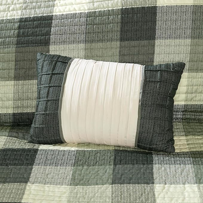 Madison Park Reversible Quilt Cabin Lifestyle Plaid Design - All Season, Breathable Coverlet Bedspread Bedding Set, Matching Shams, Ridge Grey Full/Queen(90"x90") 6 Piece