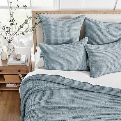Levtex Home Mills Waffle King Bedspread Set (122x106in) with 2 Pillow Shams (36x20in) - Chambray - Cotton Waffle King Size Bedspread Set - Soft, Pre-Washed
