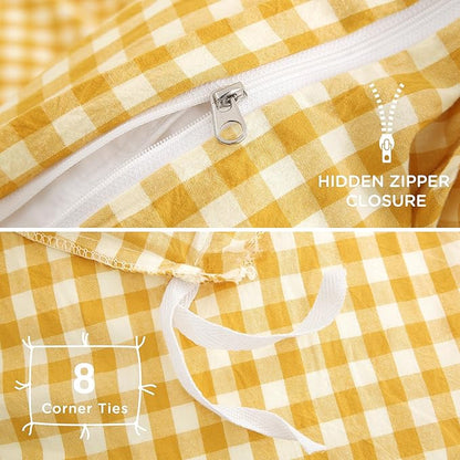 TOCOMOA Yellow Gingham Duvet Cover Bedding Set 100% Washed Cotton Like Linen Feel Super Soft Comfortable 3 Piece Vintage Plaid Checkered Comforter Cover Set (King 104"x90", Comforter Not Included)