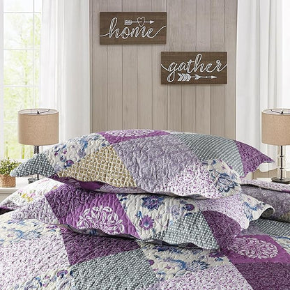 HoneiLife King Size Quilt Sets - 3 Pieces Microfiber Quilt Set Lightweight Bedspreads Reversible Coverlets Rustic Bed Cover King Quilt Bedding Set All Season Quilts-Beige & Purple