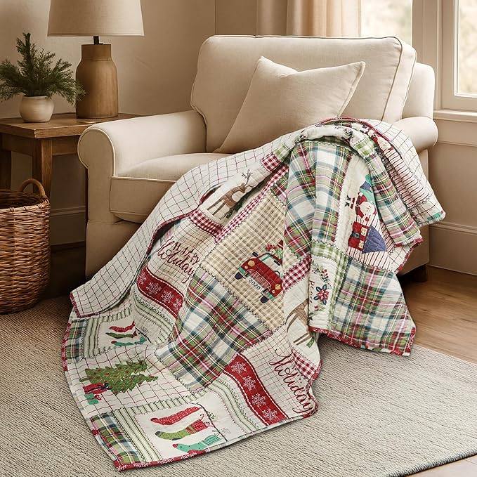 Levtex Home - Home for Christmas Sage - Quilted Throw (50x60in.) - Patchwork Holiday - Red Green White - Reversible - Cotton