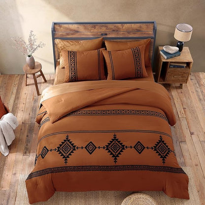MaiRêve Embroidery Oversized King Size Comforter Set Burnt Orange, Boho Farmhouse Western Bedding Set 7 Pieces, All Season Bed in A Bag Comforter Set with Sheets, Pillowcases & Shams