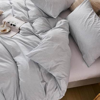 Merryword Striped Duvet Cover Set King Size - 100% Cotton Duvet Cover Set with Zipper Closure & 8 Corner Ties, Blue Pinstripe Bedding Set 3 Pieces, Soft Linen Like Bedding Set for All Seasons