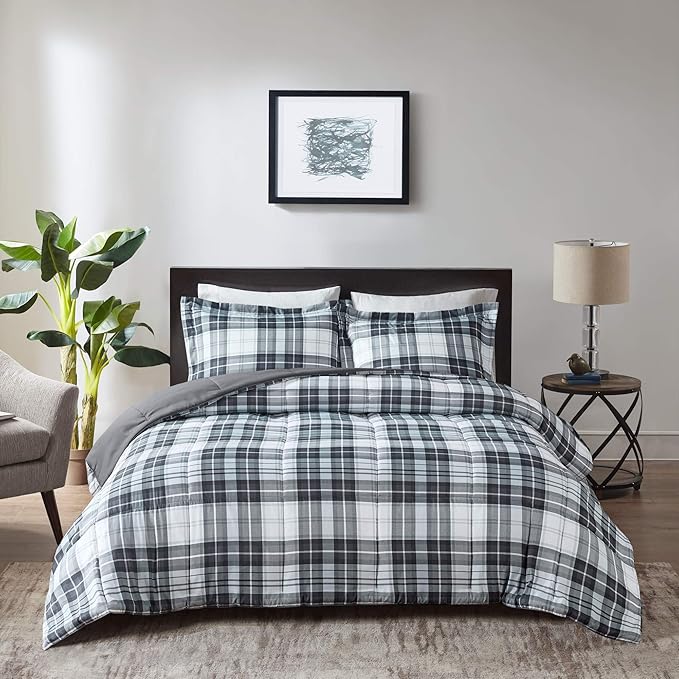 Madison Park Essentials Parkston Plaid Comforter, Matching Sham, 3M Scotchguard Stain Release Cover, Hypoallergenic All Season Bedding-Set, Twin/TwinXL, Black, 2 Piece