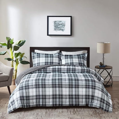 Madison Park Essentials Parkston Plaid Comforter, Matching Sham, 3M Scotchguard Stain Release Cover, Hypoallergenic All Season Bedding-Set, King/California King, Black, 3 Piece