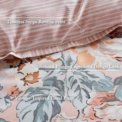 Madison Park Essentials Floral Comforter Set Cal King Size, Vintage Flower Bedding Set with Sheet Set, 7 Pieces Bed in a Bag with Reversible Botanical Comforter and Pillowcases & Shams, Heather, Pink
