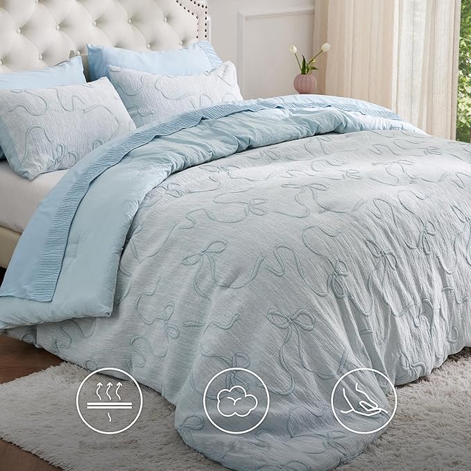Bedsure Dusty Blue Comforter Set Queen, GentleSoft™ 3 Pieces Breathable Bow Comforter Set Women Girls with 2 Pillow Shams, Cute Queen Bedding Sets Room Decor Aesthetic Bedroom Decor, 90x90 Inches