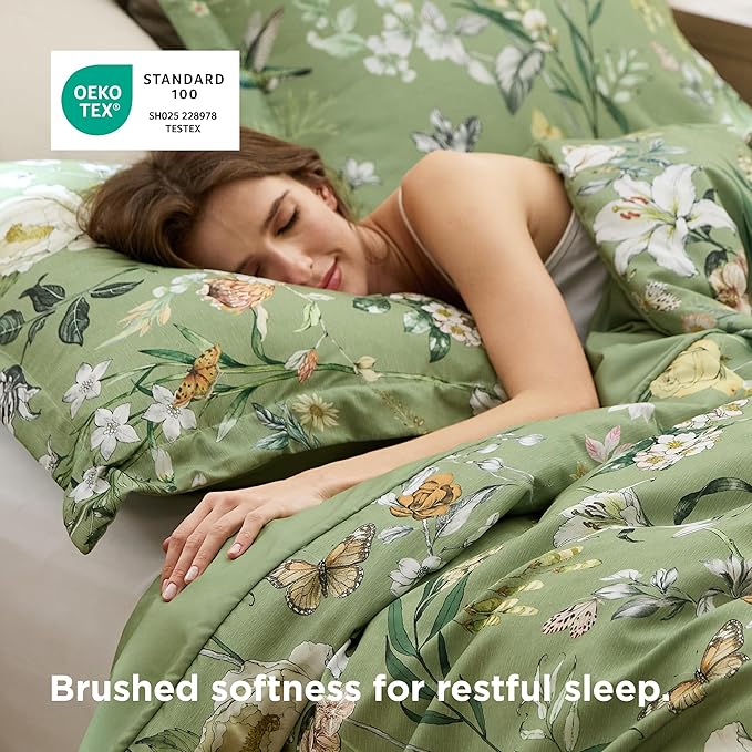 Bedsure Duvet Cover King Size - Reversible Green Floral&Bird Duvet Cover Set with Zipper Closure, 3 Pieces Mistletoe Bedding Set with 8 Corner Ties and 2 Pillow Shams 20"x36"