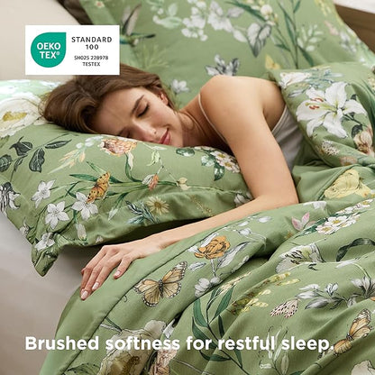 Bedsure Duvet Cover Queen Size - Reversible Green Floral&Bird Duvet Cover Set with Zipper Closure, 3 Pieces Mistletoe Bedding Set with 8 Corner Ties and 2 Pillow Shams 20"x26"
