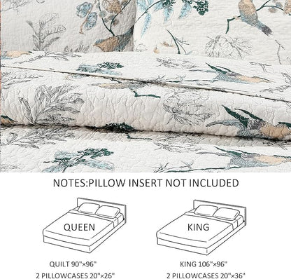 DURLENGEN Birds & Floral 100% Cotton Queen Quilt 3Pcs,Reversible Birds & Flowers Pattern on White,Luxury Lightweight Coverlet Sets for All Season(Queen 90x96,Birds & Floral)