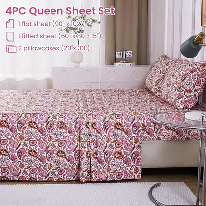 Softan Pink Paisley Floral Queen Sheet Set, Cozy Boho Microfiber Printed Fitted Bed Sheet with 15" Deep Pockets & Corner Non-Slip Straps, Patterned Sheets & Pillowcase Set