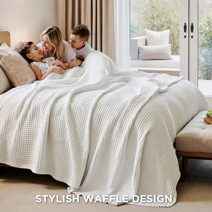 Bedsure Cooling Waffle Queen Size Blanket - Lightweight Cotton Spring Blanket of Rayon Derived from Bamboo for Hot Sleepers, Luxury Throws for Bed, Couch and Sofa, Ivory, 90x90 Inches